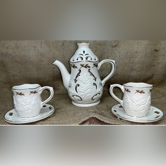 Partylite Holly Leaf Porcelain Teapot Coffee Tealight Candle Holder Cups/saucers - Picture 1 of 9